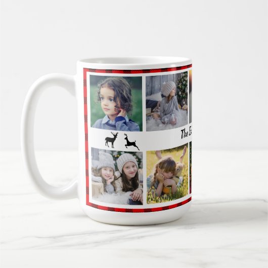 バッファロープレイドの家族の写真コラージュの家族の名前 コーヒーマグカップ (左)