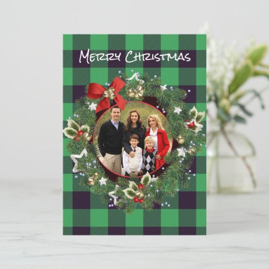 バッファロープレイドカスタムリース写真クリスマス幸せ シーズンカード (スタンド正面)