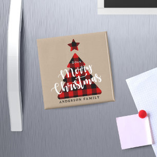 バッファロープレイドクリスマスツリーお洒落スクリプト マグネット