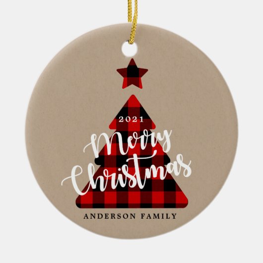 バッファロープレイドクリスマスツリークラフト写真 セラミックオーナメント (正面)