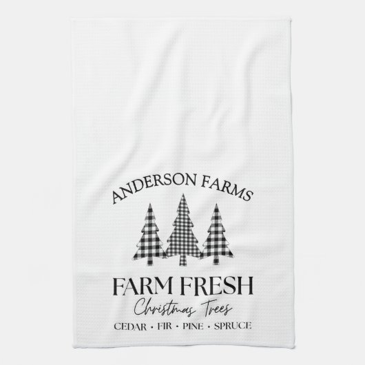 バッファロープレイドクリスマスツリーファーム白黒 キッチンタオル (縦)