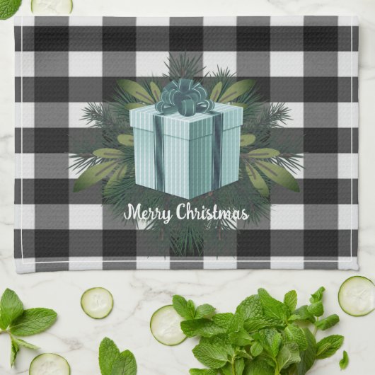 バッファロープレイドクリスマスプレゼント |ティール(緑がかった色)休日 キッチンタオル (折り畳み)