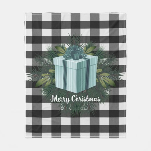 バッファロープレイドクリスマスプレゼント |ティール（緑がかった色）休日 フリースブランケット (正面)