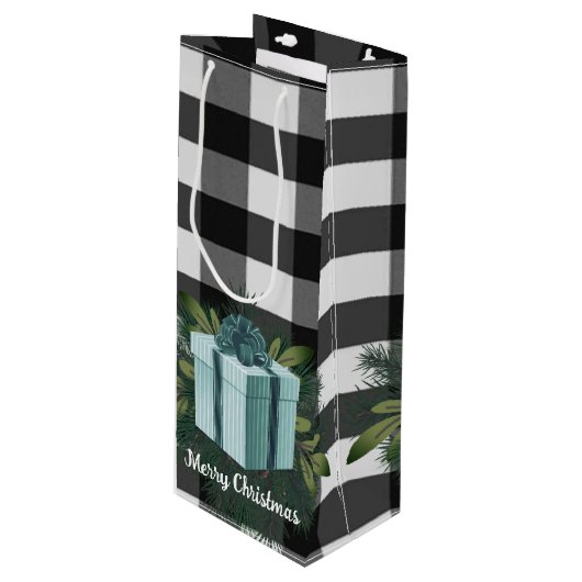 バッファロープレイドクリスマスプレゼント |ティール（緑がかった色）休日 ワインギフトバッグ (正面アングル)