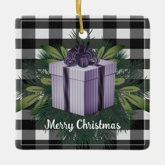 バッファロープレイドクリスマスプレゼント |パープルホリデー セラミックオーナメント (正面)