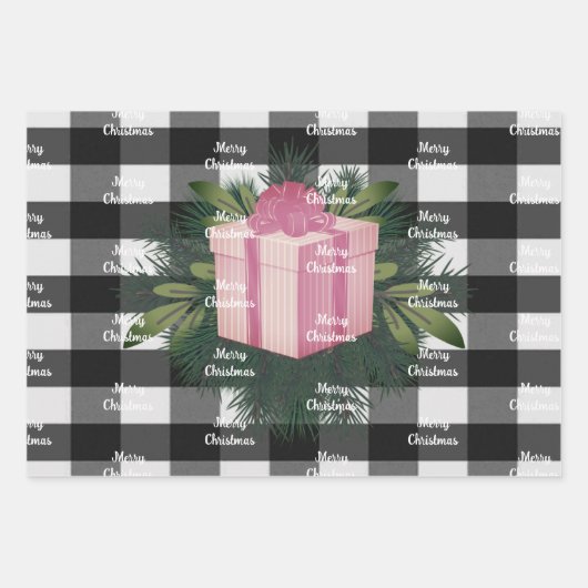 バッファロープレイドクリスマスプレゼント |ピンク ラッピングペーパーシート (正面3)
