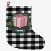 バッファロープレイドクリスマスプレゼント |ピンク ラージクリスマスストッキング (正面)