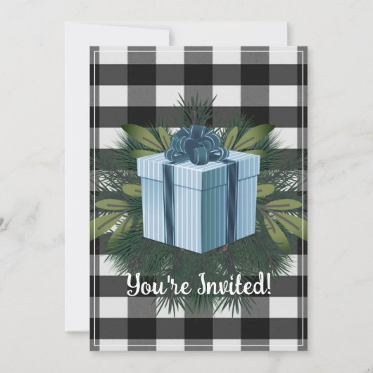 バッファロープレイドクリスマスプレゼント |ブルーホリデーパーティー 招待状 (正面)