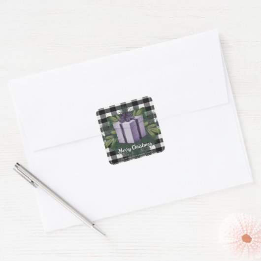 バッファロープレイドクリスマスプレゼント |紫のクリスマス スクエアシール (封筒)