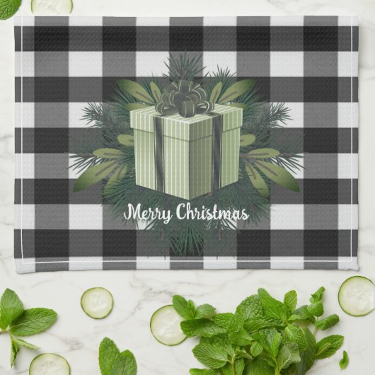 バッファロープレイドクリスマスプレゼント |緑の休日 キッチンタオル (折り畳み)