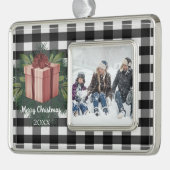 バッファロープレイドクリスマスプレゼント |赤 シルバープレートフレームオーナメント (左)