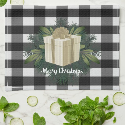 バッファロープレイドクリスマスプレゼント |金ゴールド休日 キッチンタオル (折り畳み)