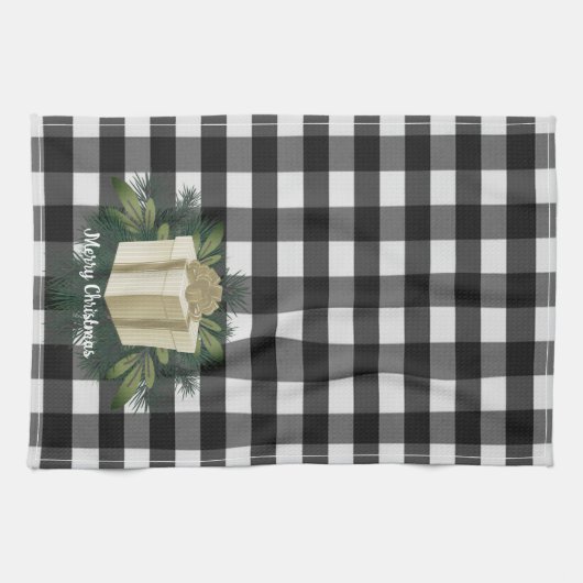 バッファロープレイドクリスマスプレゼント |金ゴールド休日 キッチンタオル (横)