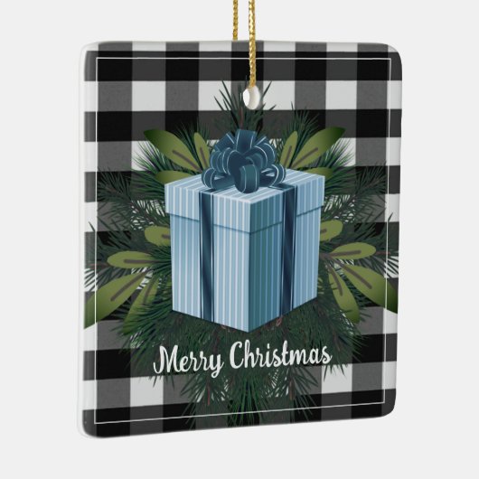 バッファロープレイドクリスマスプレゼント |青い休日 セラミックオーナメント (右)