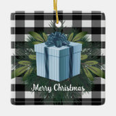 バッファロープレイドクリスマスプレゼント |青い休日 セラミックオーナメント (正面)
