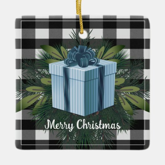 バッファロープレイドクリスマスプレゼント |青い休日 セラミックオーナメント (正面)