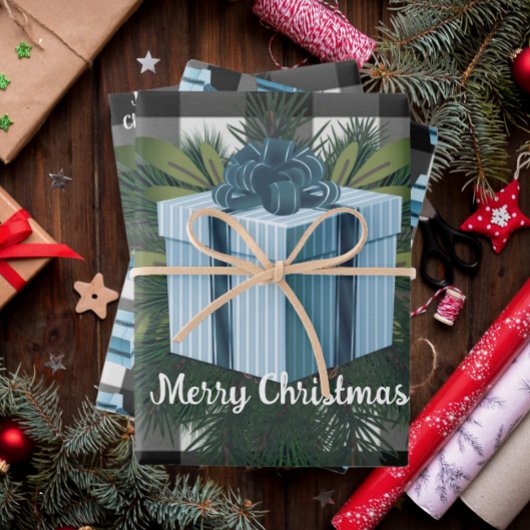 バッファロープレイドクリスマスプレゼント |青 ラッピングペーパーシート