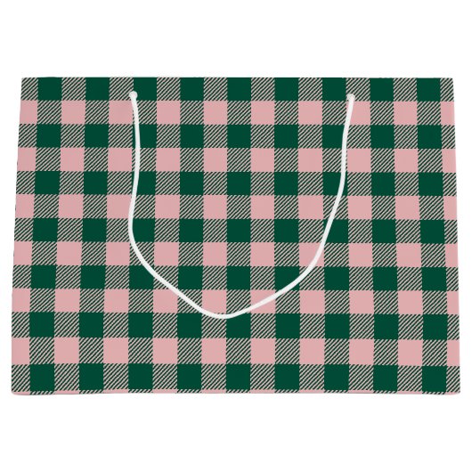 バッファロープレイドクリスマスホリデーグリーン&ピンク ラージペーパーバッグ (正面)