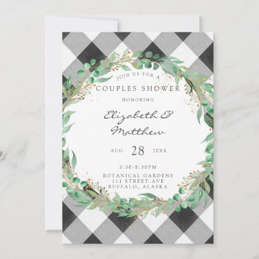 バッファロープレイドクリスマスリース金ゴールドカップルシャワー 招待状 (正面)