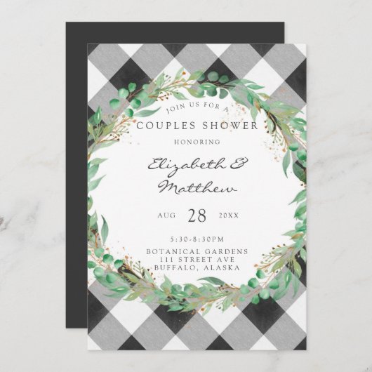 バッファロープレイドクリスマスリース金ゴールドカップルシャワー 招待状 (正面/裏面)