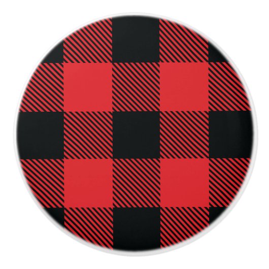バッファロープレイドクリスマスレッドアンドブラックチェック セラミックノブ (正面)