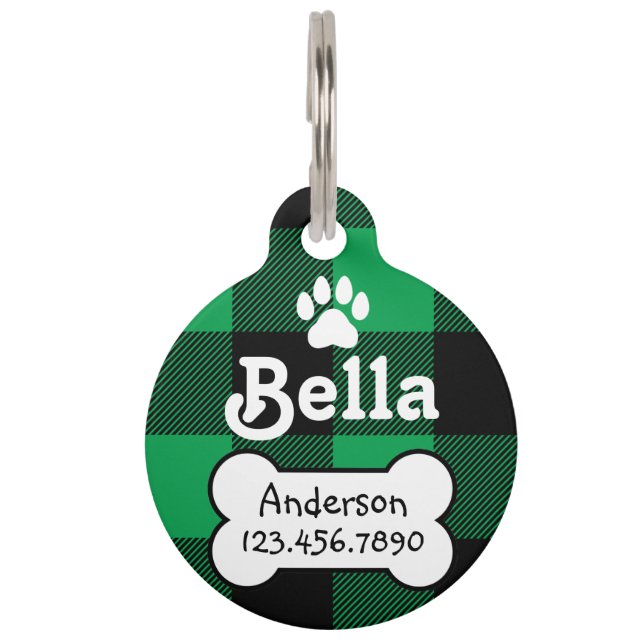 バッファロープレイドグリーンとブラックカスタム犬 ペット　ネームタグ (正面)