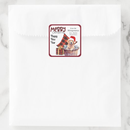 バッファロープレイドゴールデンレトリエバーパピークリスマス スクエアシール (バッグ)