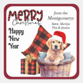 バッファロープレイドゴールデンレトリエバーパピークリスマス スクエアシール (正面)
