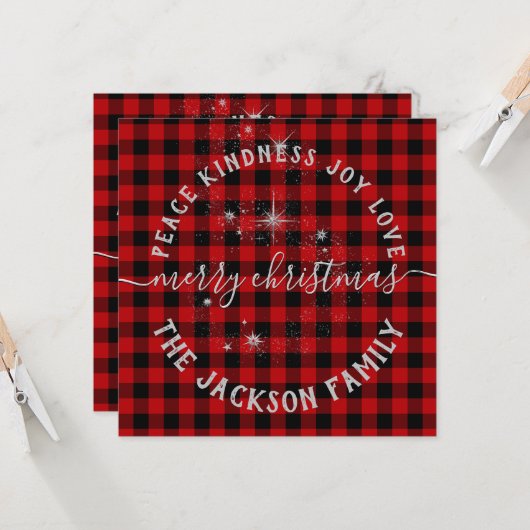 バッファロープレイドシルバースクリプトメリークリスマスカード カード (正面/裏面インサイチュ)