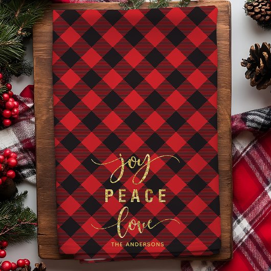 バッファロープレイドジョイピースラブモノグラムクリスマス キッチンタオル