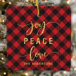 バッファロープレイドジョイピースラブモノグラムクリスマス セラミックオーナメント<br><div class="desc">バッファロープレイドジョイピースラブモノグラムクリスマスメタルオーナメント</div>