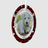 バッファロープレイドスノーフレーク初めてのクリスマス写真 オーナメント (正面)