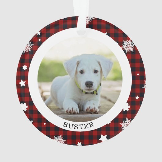 バッファロープレイドスノーフレーク初めてのクリスマス写真 オーナメント (裏面)