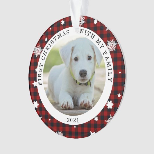 バッファロープレイドスノーフレーク初めてのクリスマス写真 オーナメント (正面)
