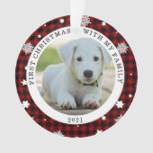 バッファロープレイドスノーフレーク初めてのクリスマス写真 オーナメント (正面)