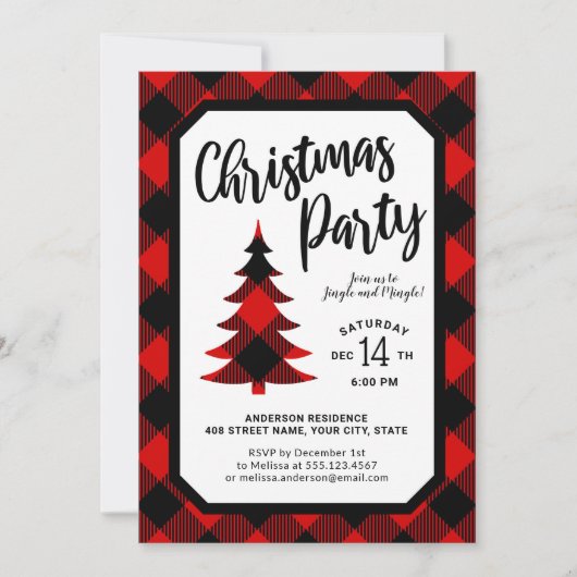 バッファロープレイドツリークリスマスパーティの招待状 招待状 (正面)