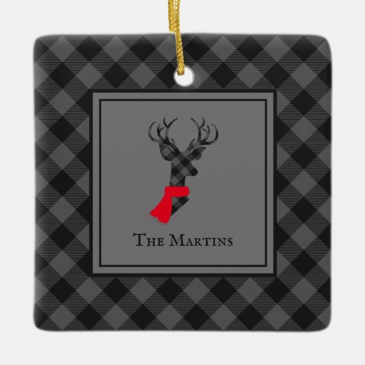 バッファロープレイドディアグレイパーソナライズされたクリスマス セラミックオーナメント (正面)