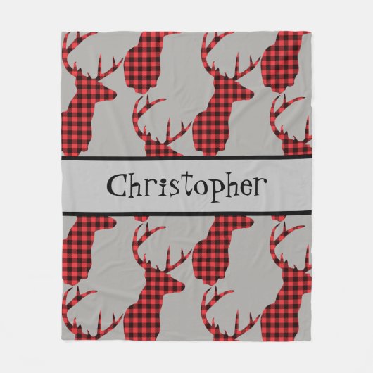 バッファロープレイドディアヘッドレッドブラック男の赤ちゃん フリースブランケット (正面)