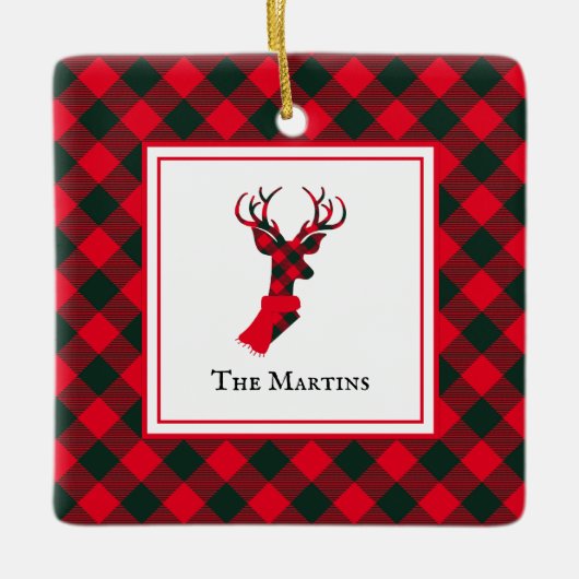 バッファロープレイドディアレッドクリスマパーソナライズされたス セラミックオーナメント (正面)