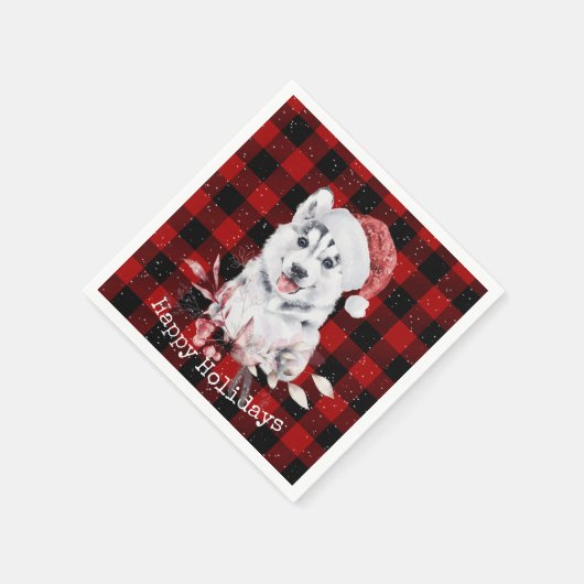 バッファロープレイドナプキンズのクリスマスハスキー スタンダードカクテルナプキン (角)