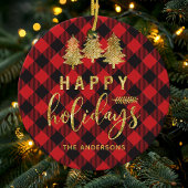 バッファロープレイドハッピーホリデパーソナライズされたー セラミックオーナメント