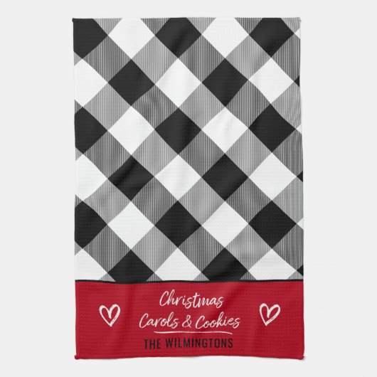バッファロープレイドハートクリスマスカロルとクッキーK キッチンタオル (縦)