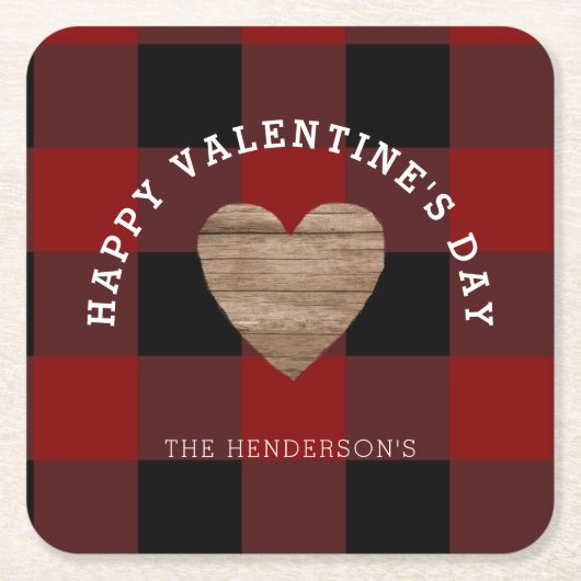 バッファロープレイドハートバレンタインデパーソナライズされたー スクエアペーパーコースター (正面)