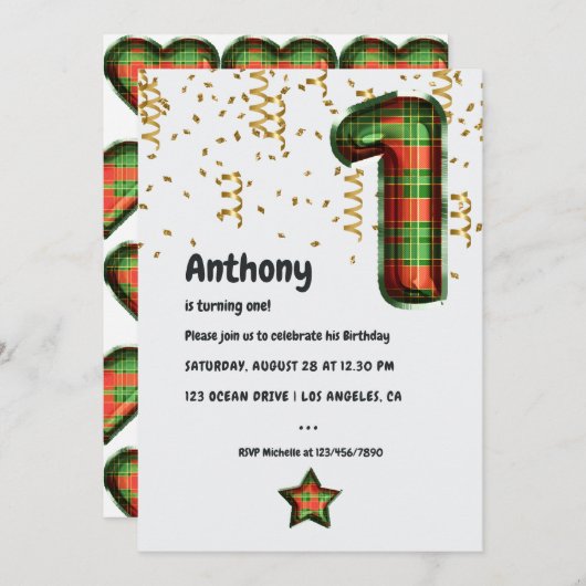 バッファロープレイドバルーン1st誕生日招待状 招待状 (正面/裏面)