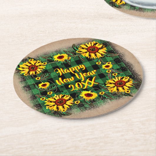 バッファロープレイドヒマワリ新年20xx ラウンドペーパーコースター (アングル)