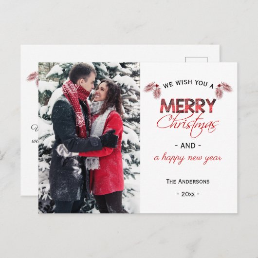 バッファロープレイドピネコーンクリスマスフォト シーズンポストカード (正面/裏面)