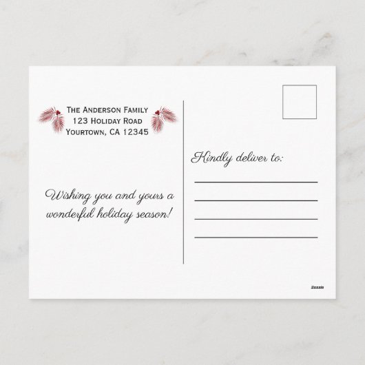 バッファロープレイドピネコーンクリスマスフォト シーズンポストカード (裏面)