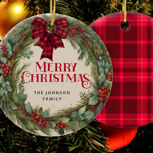 バッファロープレイドファームハウスクリスマスリースホリー セラミックオーナメント