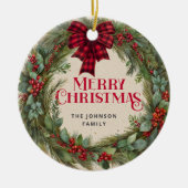 バッファロープレイドファームハウスクリスマスリースホリー セラミックオーナメント (正面)