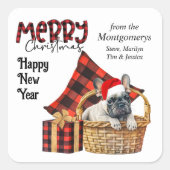 バッファロープレイドフランスのブルドッグ子犬クリスマス スクエアシール (正面)